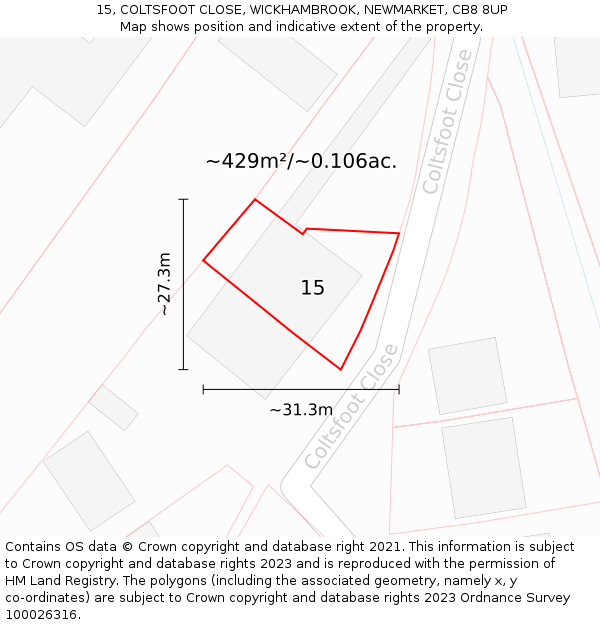 15, COLTSFOOT CLOSE, WICKHAMBROOK, NEWMARKET, CB8 8UP: Plot and title map