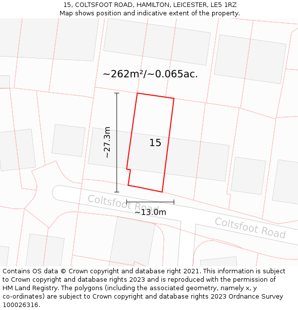 15, COLTSFOOT ROAD, HAMILTON, LEICESTER, LE5 1RZ: Plot and title map
