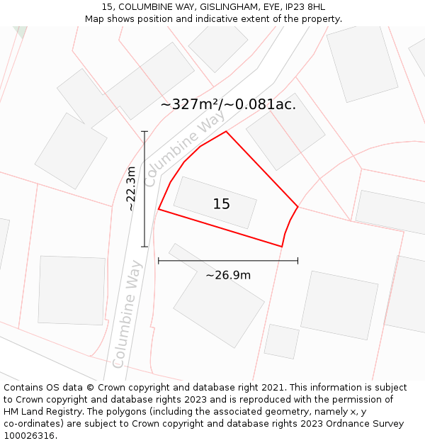 15, COLUMBINE WAY, GISLINGHAM, EYE, IP23 8HL: Plot and title map