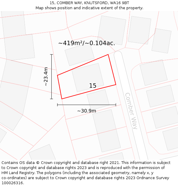 15, COMBER WAY, KNUTSFORD, WA16 9BT: Plot and title map
