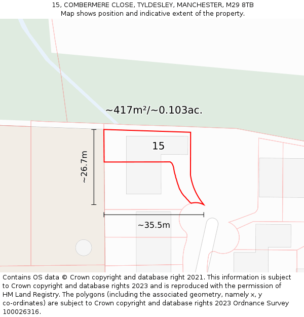 15, COMBERMERE CLOSE, TYLDESLEY, MANCHESTER, M29 8TB: Plot and title map