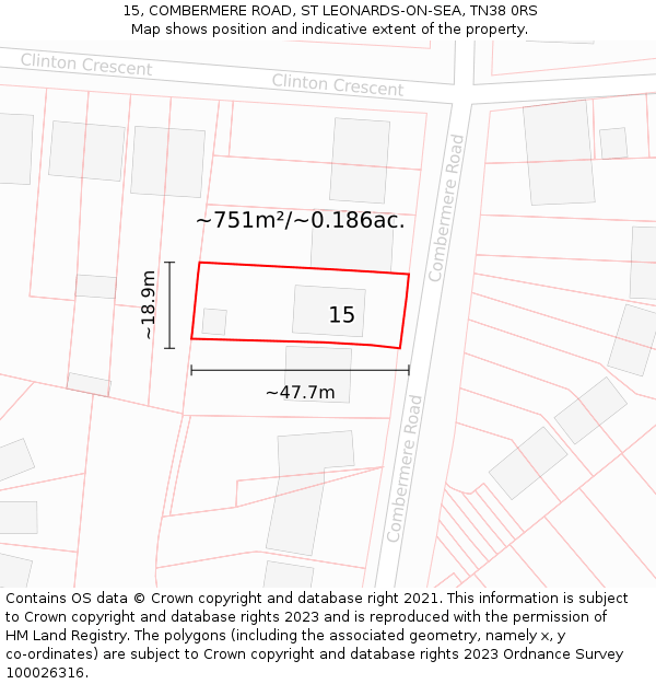 15, COMBERMERE ROAD, ST LEONARDS-ON-SEA, TN38 0RS: Plot and title map