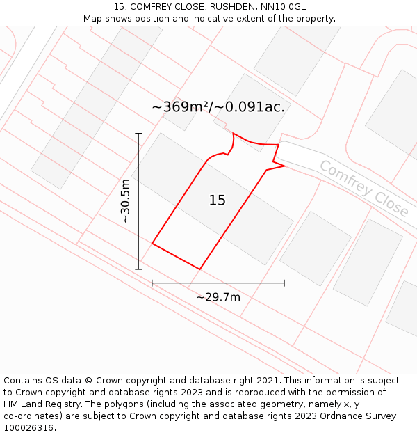15, COMFREY CLOSE, RUSHDEN, NN10 0GL: Plot and title map