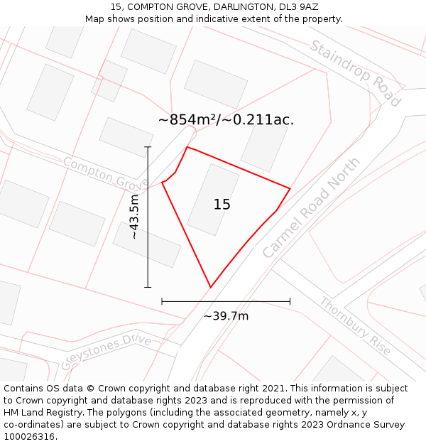15, COMPTON GROVE, DARLINGTON, DL3 9AZ: Plot and title map