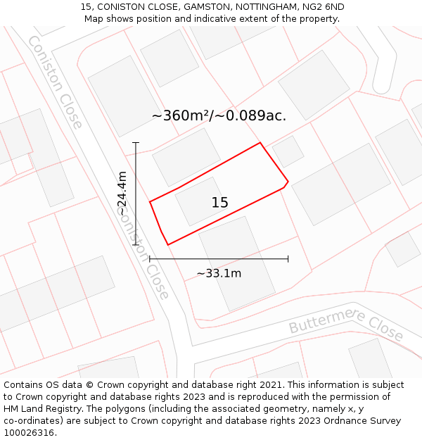 15, CONISTON CLOSE, GAMSTON, NOTTINGHAM, NG2 6ND: Plot and title map