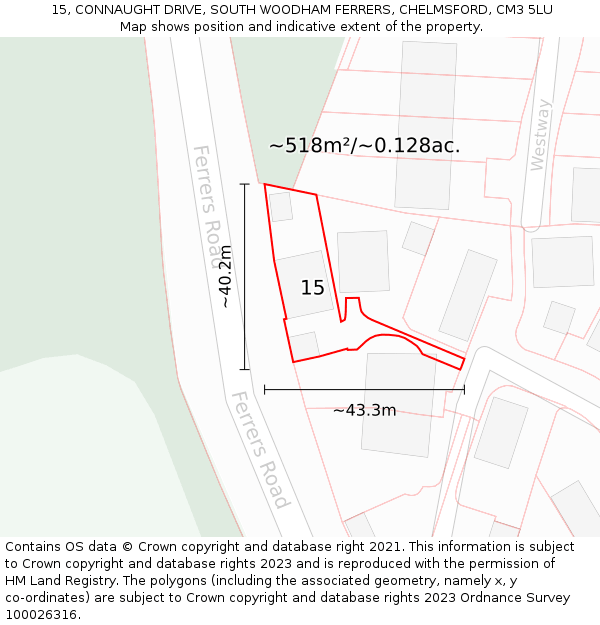 15, CONNAUGHT DRIVE, SOUTH WOODHAM FERRERS, CHELMSFORD, CM3 5LU: Plot and title map