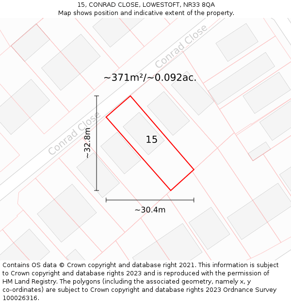 15, CONRAD CLOSE, LOWESTOFT, NR33 8QA: Plot and title map