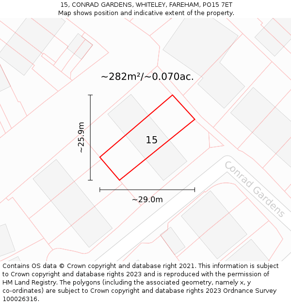 15, CONRAD GARDENS, WHITELEY, FAREHAM, PO15 7ET: Plot and title map