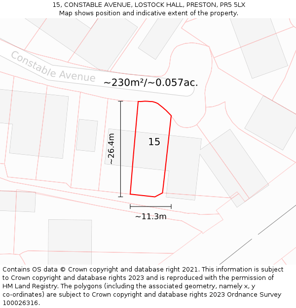 15, CONSTABLE AVENUE, LOSTOCK HALL, PRESTON, PR5 5LX: Plot and title map