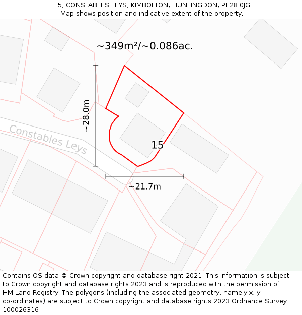 15, CONSTABLES LEYS, KIMBOLTON, HUNTINGDON, PE28 0JG: Plot and title map