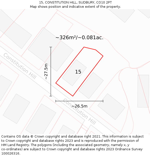 15, CONSTITUTION HILL, SUDBURY, CO10 2PT: Plot and title map