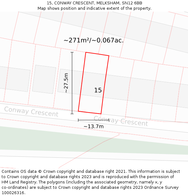 15, CONWAY CRESCENT, MELKSHAM, SN12 6BB: Plot and title map