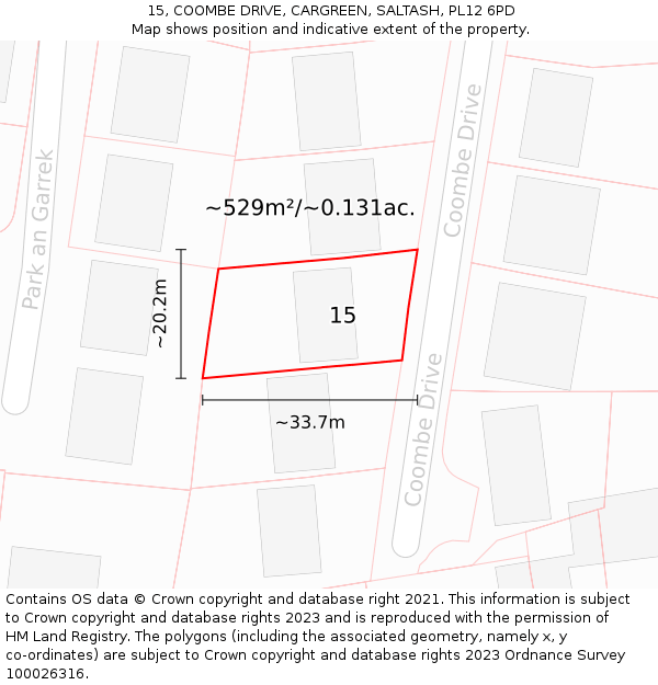 15, COOMBE DRIVE, CARGREEN, SALTASH, PL12 6PD: Plot and title map