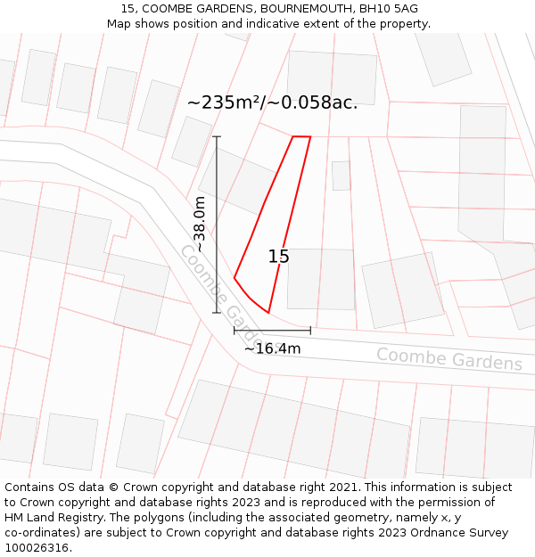 15, COOMBE GARDENS, BOURNEMOUTH, BH10 5AG: Plot and title map