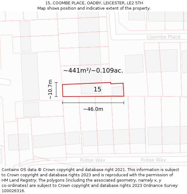 15, COOMBE PLACE, OADBY, LEICESTER, LE2 5TH: Plot and title map