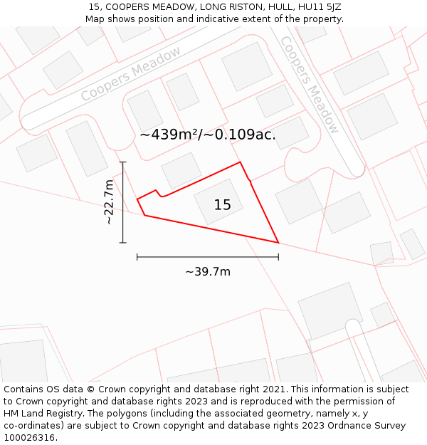15, COOPERS MEADOW, LONG RISTON, HULL, HU11 5JZ: Plot and title map