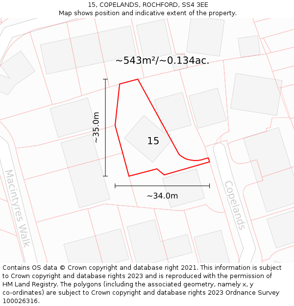 15, COPELANDS, ROCHFORD, SS4 3EE: Plot and title map