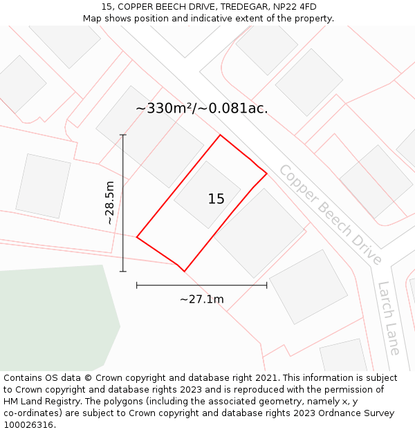 15, COPPER BEECH DRIVE, TREDEGAR, NP22 4FD: Plot and title map