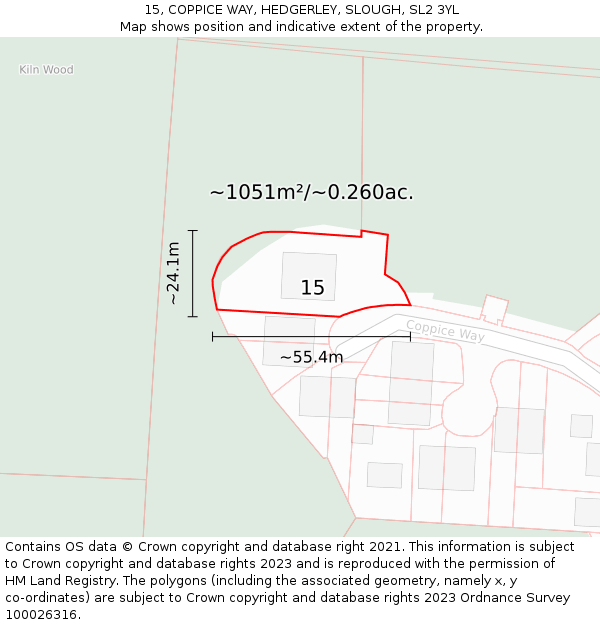 15, COPPICE WAY, HEDGERLEY, SLOUGH, SL2 3YL: Plot and title map