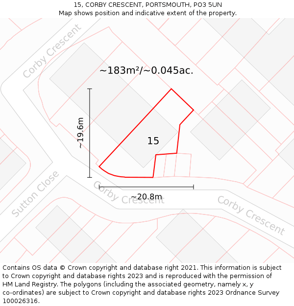 15, CORBY CRESCENT, PORTSMOUTH, PO3 5UN: Plot and title map