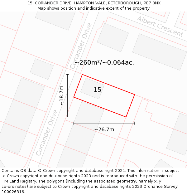 15, CORIANDER DRIVE, HAMPTON VALE, PETERBOROUGH, PE7 8NX: Plot and title map
