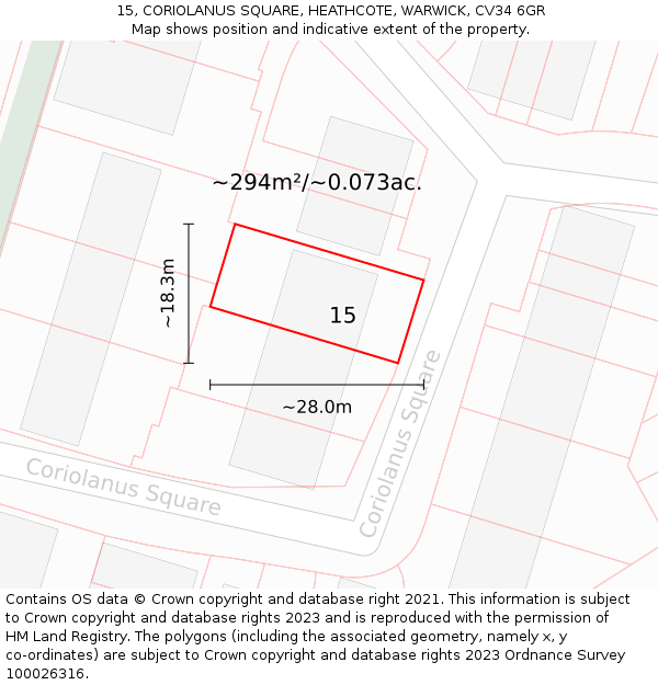 15, CORIOLANUS SQUARE, HEATHCOTE, WARWICK, CV34 6GR: Plot and title map