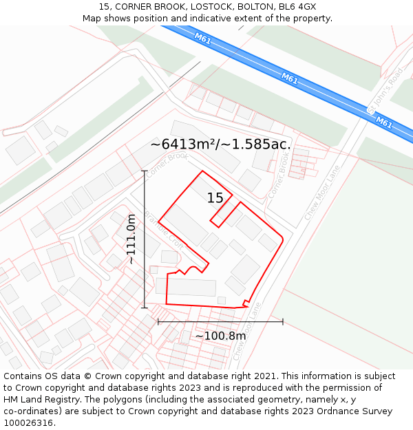 15, CORNER BROOK, LOSTOCK, BOLTON, BL6 4GX: Plot and title map