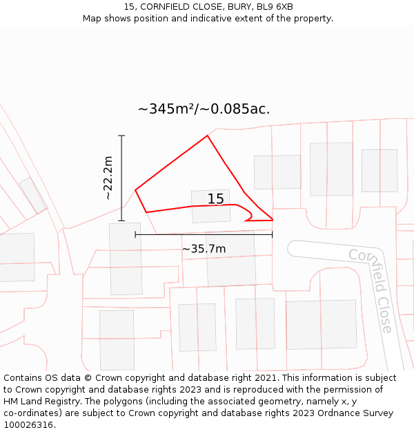 15, CORNFIELD CLOSE, BURY, BL9 6XB: Plot and title map