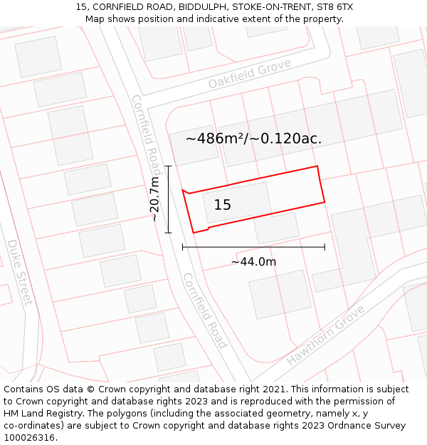 15, CORNFIELD ROAD, BIDDULPH, STOKE-ON-TRENT, ST8 6TX: Plot and title map