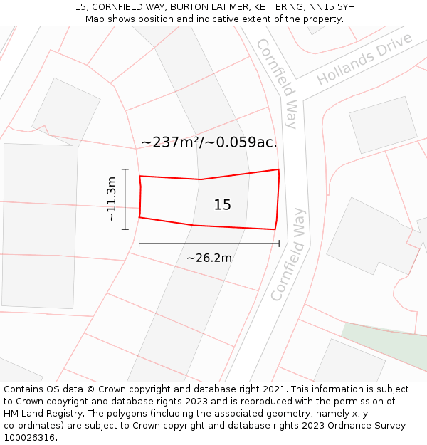 15, CORNFIELD WAY, BURTON LATIMER, KETTERING, NN15 5YH: Plot and title map