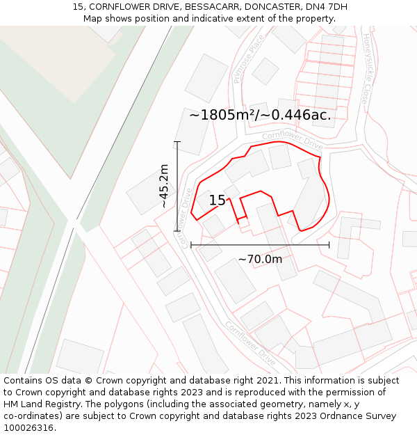 15, CORNFLOWER DRIVE, BESSACARR, DONCASTER, DN4 7DH: Plot and title map