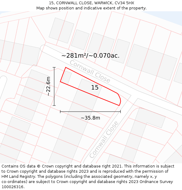 15, CORNWALL CLOSE, WARWICK, CV34 5HX: Plot and title map