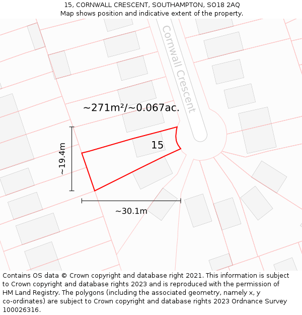 15, CORNWALL CRESCENT, SOUTHAMPTON, SO18 2AQ: Plot and title map