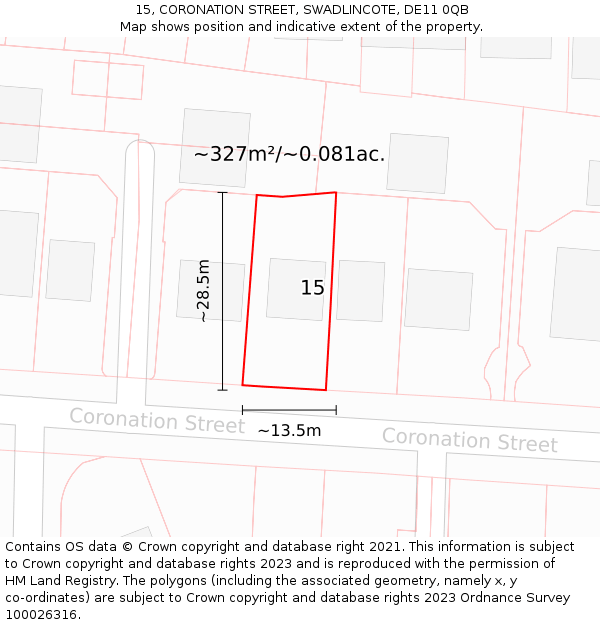 15, CORONATION STREET, SWADLINCOTE, DE11 0QB: Plot and title map