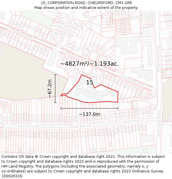 15, CORPORATION ROAD, CHELMSFORD, CM1 2AR: Plot and title map