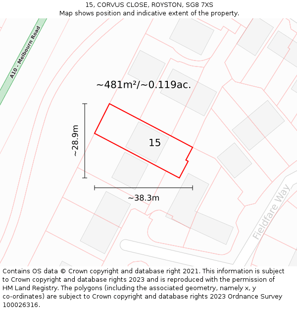 15, CORVUS CLOSE, ROYSTON, SG8 7XS: Plot and title map