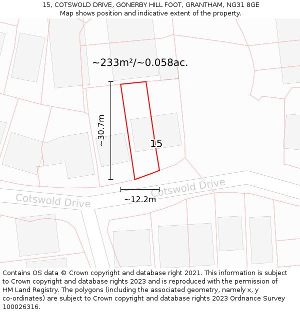 15, COTSWOLD DRIVE, GONERBY HILL FOOT, GRANTHAM, NG31 8GE: Plot and title map