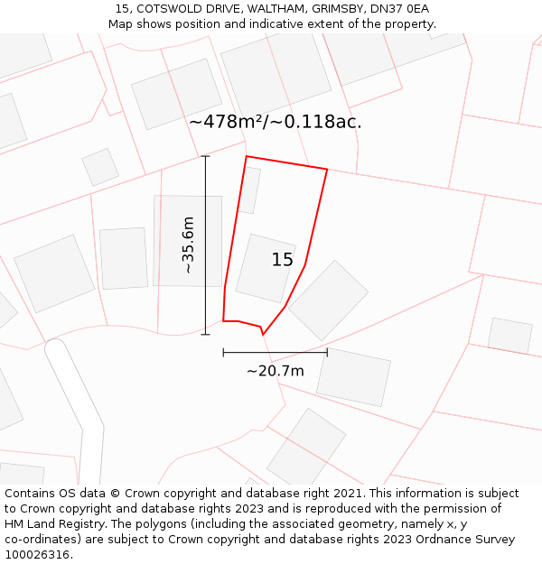 15, COTSWOLD DRIVE, WALTHAM, GRIMSBY, DN37 0EA: Plot and title map