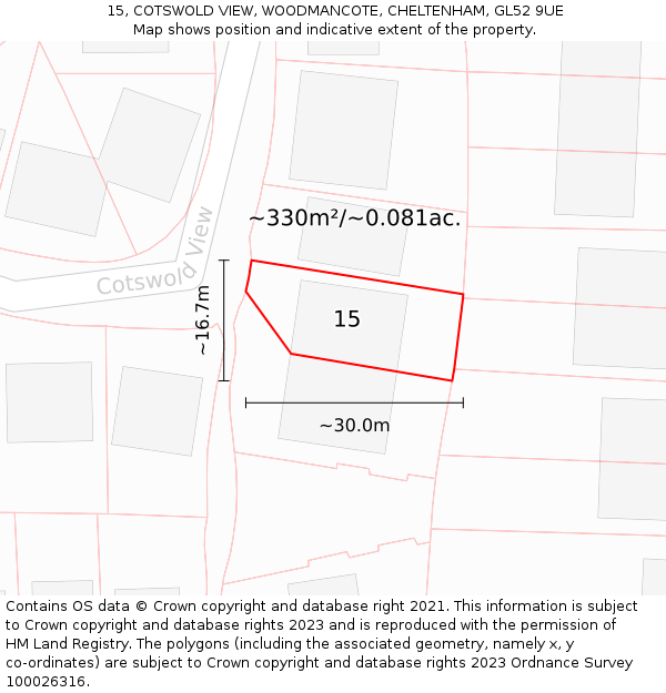 15, COTSWOLD VIEW, WOODMANCOTE, CHELTENHAM, GL52 9UE: Plot and title map