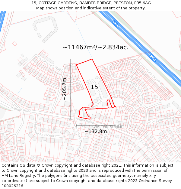 15, COTTAGE GARDENS, BAMBER BRIDGE, PRESTON, PR5 6AG: Plot and title map