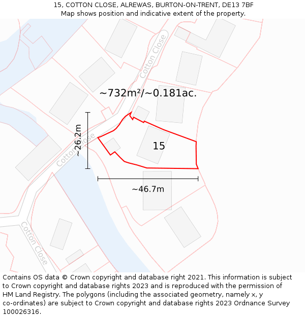15, COTTON CLOSE, ALREWAS, BURTON-ON-TRENT, DE13 7BF: Plot and title map