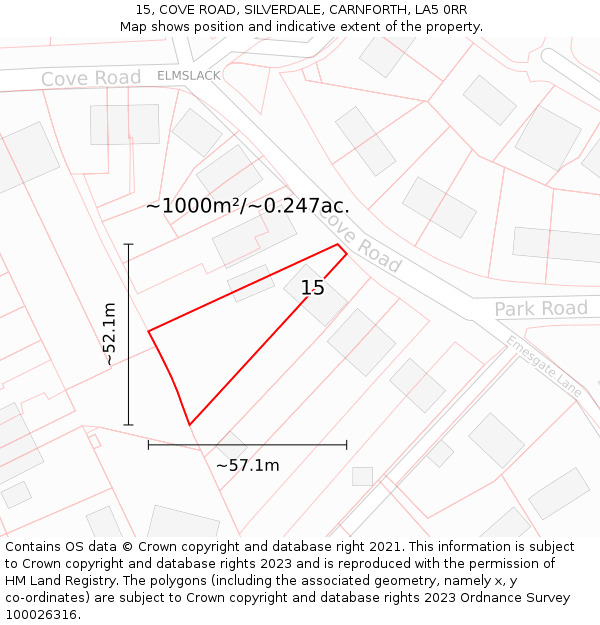 15, COVE ROAD, SILVERDALE, CARNFORTH, LA5 0RR: Plot and title map