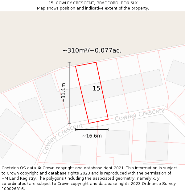 15, COWLEY CRESCENT, BRADFORD, BD9 6LX: Plot and title map