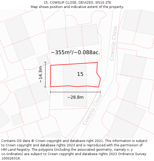 15, COWSLIP CLOSE, DEVIZES, SN10 2TE: Plot and title map