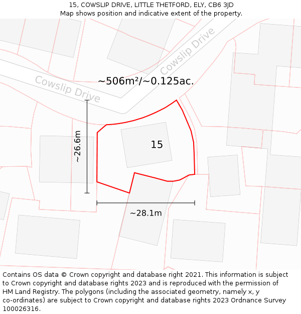 15, COWSLIP DRIVE, LITTLE THETFORD, ELY, CB6 3JD: Plot and title map