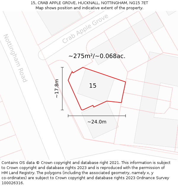 15, CRAB APPLE GROVE, HUCKNALL, NOTTINGHAM, NG15 7ET: Plot and title map