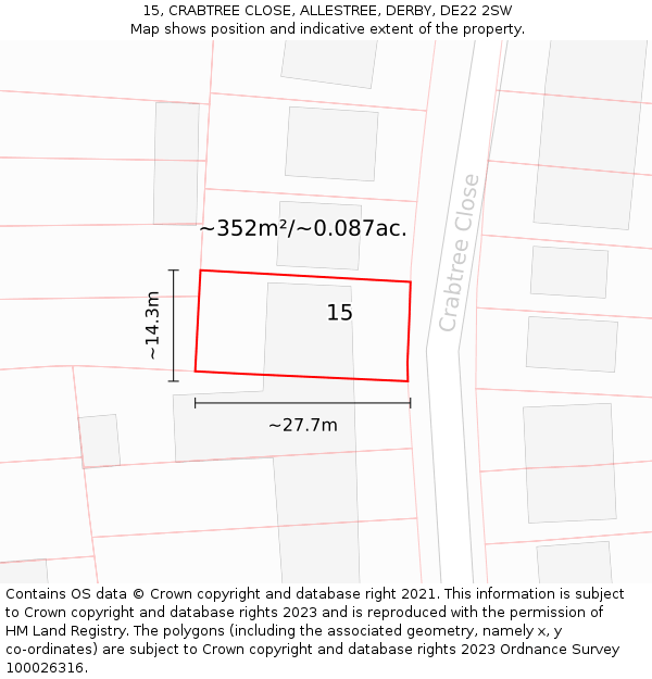 15, CRABTREE CLOSE, ALLESTREE, DERBY, DE22 2SW: Plot and title map