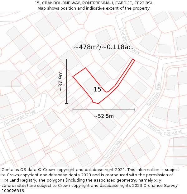 15, CRANBOURNE WAY, PONTPRENNAU, CARDIFF, CF23 8SL: Plot and title map