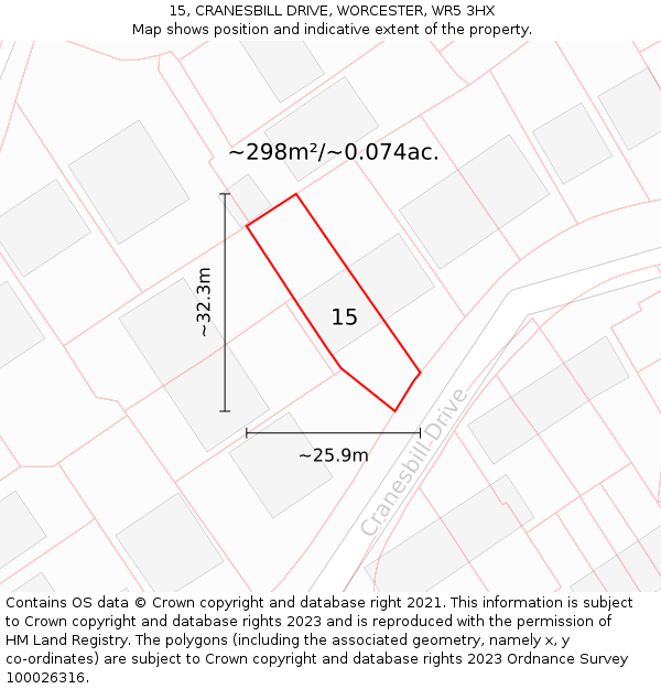 15, CRANESBILL DRIVE, WORCESTER, WR5 3HX: Plot and title map