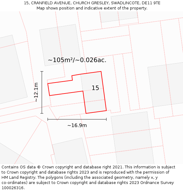15, CRANFIELD AVENUE, CHURCH GRESLEY, SWADLINCOTE, DE11 9TE: Plot and title map